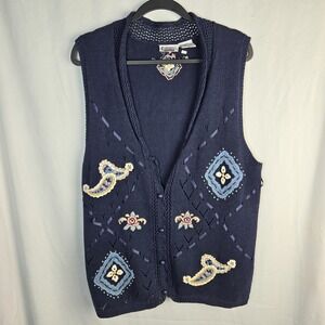 Vtg Capacity Sweater Vest Navy Floral Paisley Hand Embroidered Large Grannycore